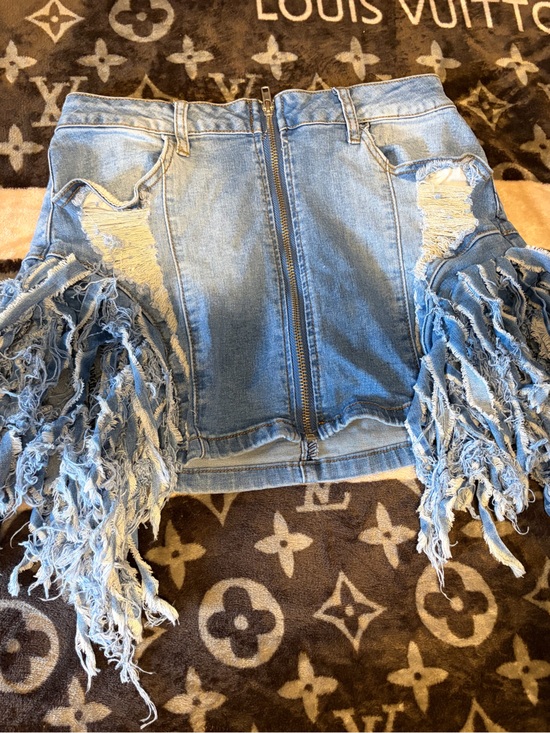 American Bazi Dresses & Skirts - American Bazi Blue Denim Fringe Mini Skirt